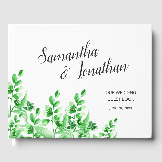 Lush Greenery Elegant Calligraphy Script Wedding Guest Book (Front)