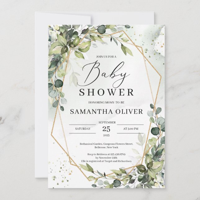 Lush greenery foliage gold geometric baby shower invitation (Front)