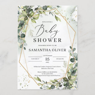 Lush greenery foliage gold geometric baby shower invitation