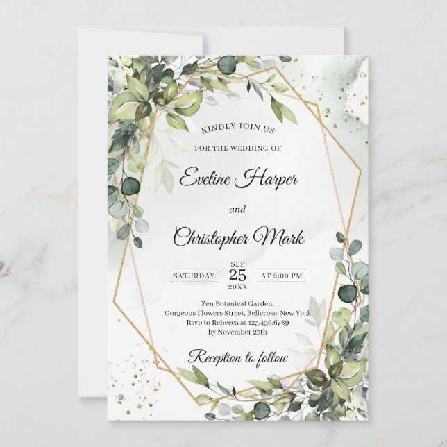 Lush greenery foliage gold geometric frame wedding invitation (Front)