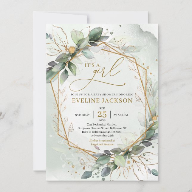Lush greenery foliage gold geometric it's a girl invitation (Front)