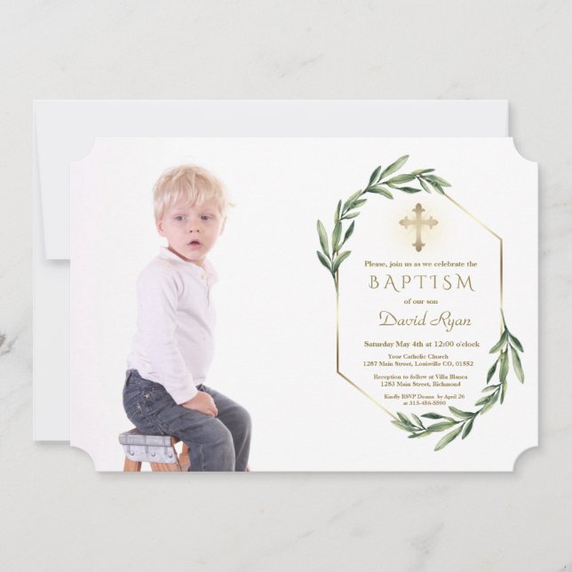 Lush Greenery Gold Cross Boy Photo Baptism Invitation (Front)
