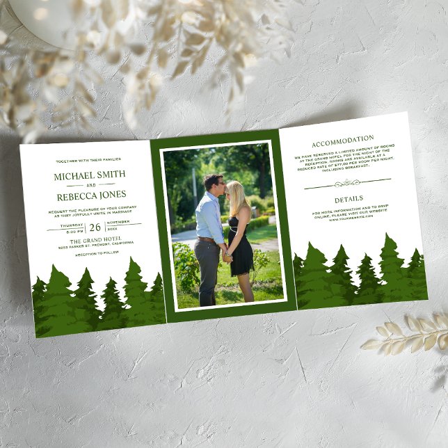 Lush Greenery Pine Trees Photo Forest Wedding Tri-Fold Invitation (Creator Uploaded)