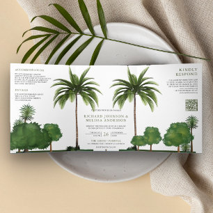 Lush Greenery Tropical Palm Tree QR Code Wedding Tri-Fold Invitation