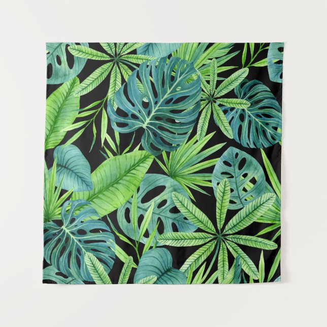 Lush Greenery: Tropical Plant Pattern Tapestry (Front)
