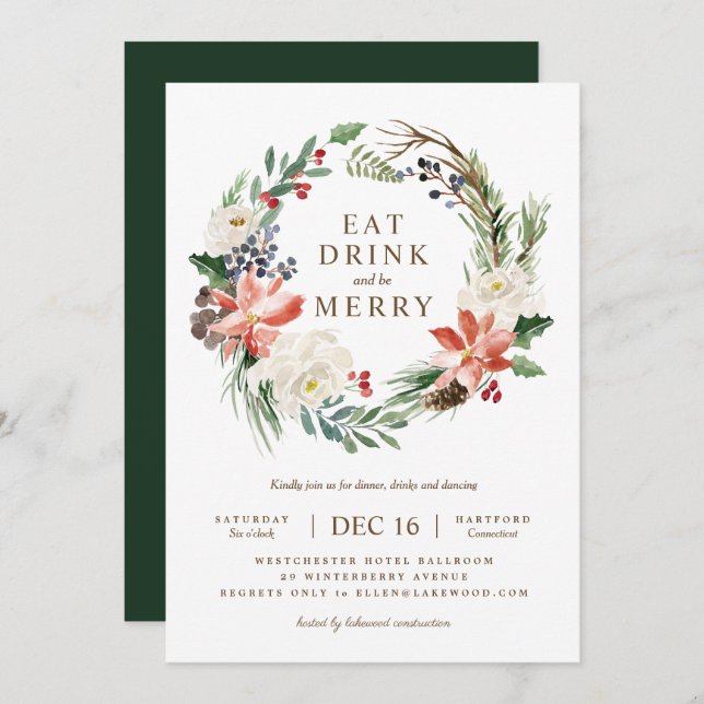 Lush Holiday Wreath Party Invitation (Front/Back)