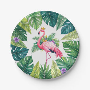 Lush Leafy Elegant Pink Flamingo Crown Tropical Paper Plate