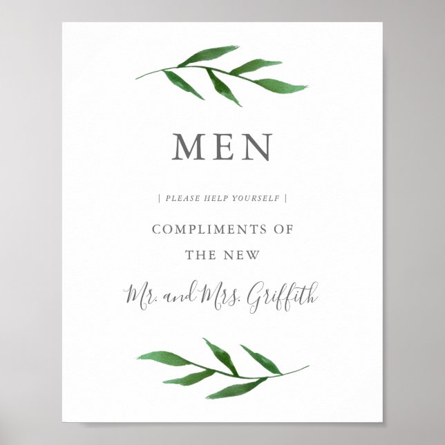 Lush Leaves Elegant Wedding Bathroom Sign - Men (Front)
