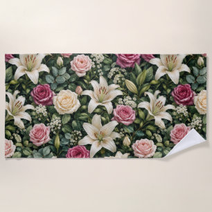 Lush Magnolia Floral Botanical Illustration Beach Towel