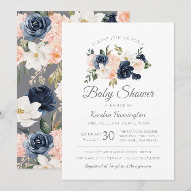Lush Magnolia Floral Navy Blue Pink Baby Shower Invitation (Front/Back)