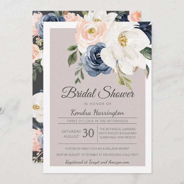 Lush Magnolia Rose Grey Navy & Blush Bridal Shower Invitation (Front/Back)