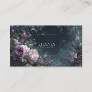Lush Mauve Pink Rose Floral and Dark Midnight Business Card