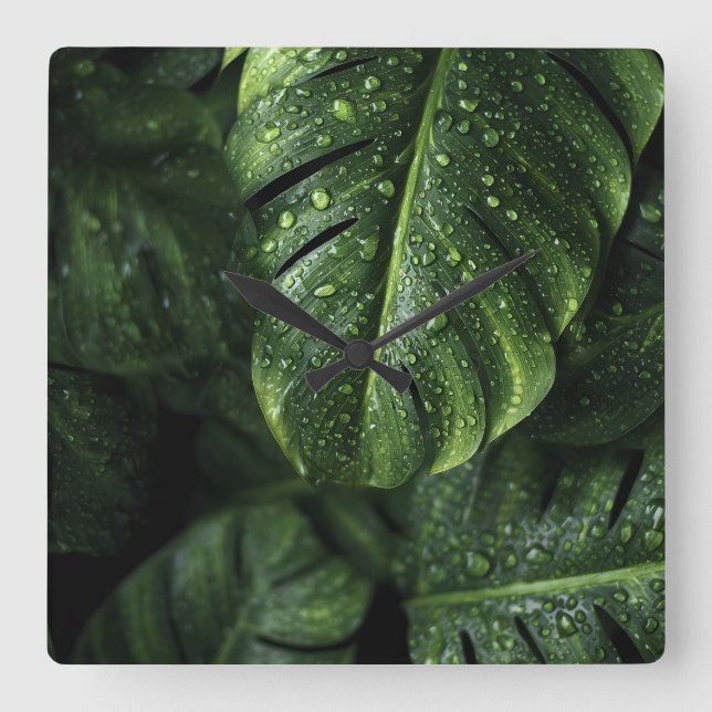 Lush Monstera Leaves with Morning Dew Drops Square Wall Clock (Front)