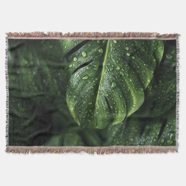 Lush Monstera Leaves with Morning Dew Drops Throw Blanket (Front)