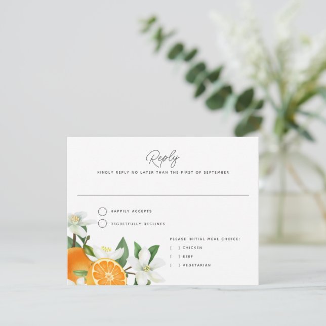 Lush Orange Blossom Greenery Wedding RSVP Card (Standing Front)