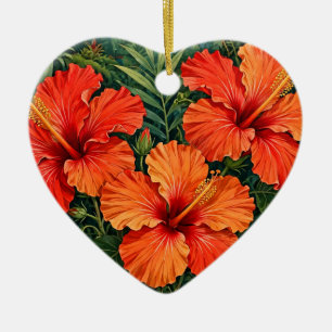 Lush Orange Hibiscus Jungle Flowers Tropical Ceramic Tree Decoration