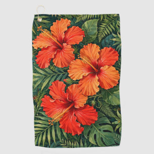 Lush Orange Hibiscus Jungle Flowers Tropical Golf Towel