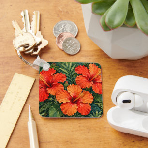 Lush Orange Hibiscus Jungle Flowers Tropical Key Ring