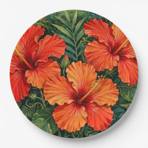 Lush Orange Hibiscus Jungle Flowers Tropical Paper Plate