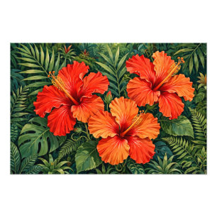 Lush Orange Hibiscus Jungle Flowers Tropical Photo Print