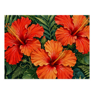 Lush Orange Hibiscus Jungle Flowers Tropical Poster