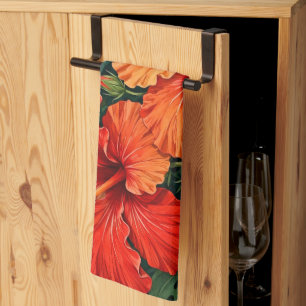 Lush Orange Hibiscus Jungle Flowers Tropical Tea Towel