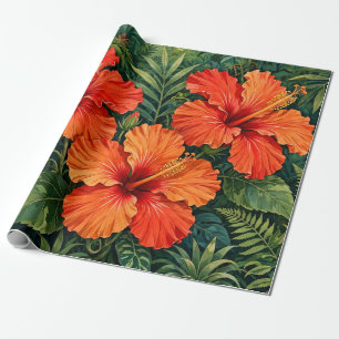 Lush Orange Hibiscus Jungle Flowers Tropical Wrapping Paper