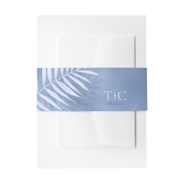 Lush Palm Leaf Wedding Blue ID956 Invitation Belly Band (Front Example)