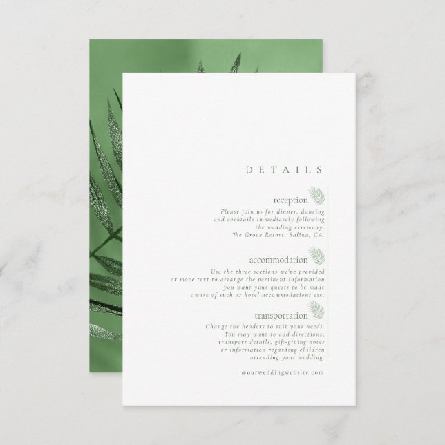Lush Palm Leaf Wedding Details Moss Green ID956 Enclosure Card (Front/Back)