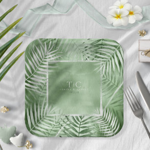 Lush Palm Leaf Wedding Frame Moss Green ID956 Paper Plate