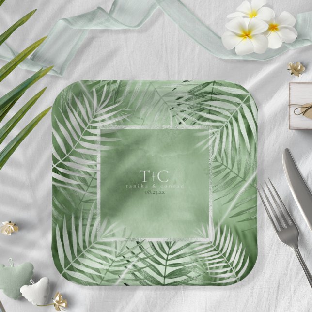 Lush Palm Leaf Wedding Frame Moss Green ID956 Paper Plate (Creator Uploaded)