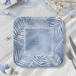 Lush Palm Leaf Wedding Frame Windsor Blue ID956 Paper Plate