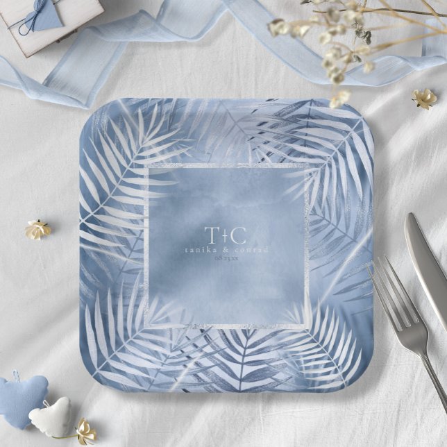 Lush Palm Leaf Wedding Frame Windsor Blue ID956 Paper Plate (Creator Uploaded)