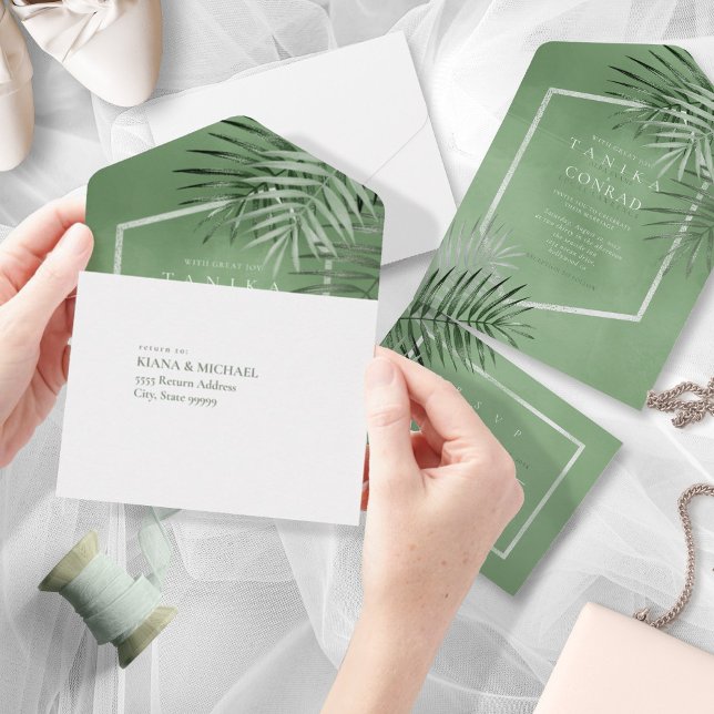 Lush Palm Leaf Wedding Moss Green ID956 All In One Invitation (Creator Uploaded)
