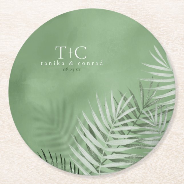 Lush Palm Leaf Wedding Moss Green ID956 Round Paper Coaster (Front)