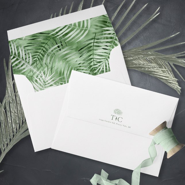 Lush Palm Leaf Wedding Pattern Moss Green ID956 Envelope (Interior/Back In Situ)
