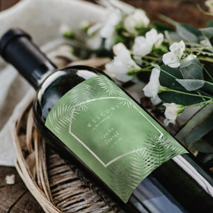 Lush Palm Leaf Wedding Welcome Moss Green ID956 Wine Label