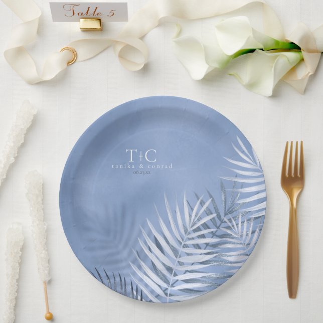 Lush Palm Leaf Wedding Windsor Blue V2 ID956 Paper Plate (Wedding)