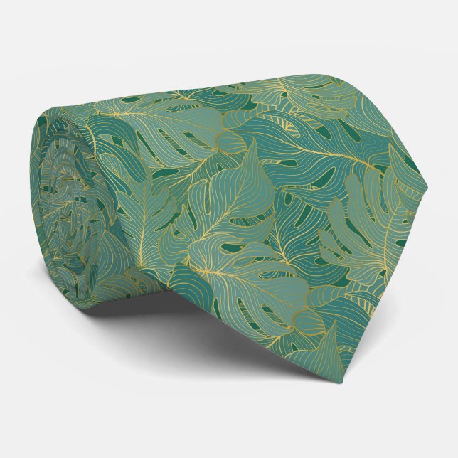 Lush palm leaves pattern in green and gold tie (Rolled)