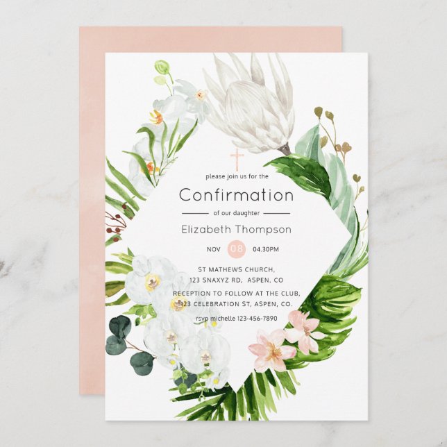 Lush Paradise Tropical Floral Confirmation Invitation (Front/Back)
