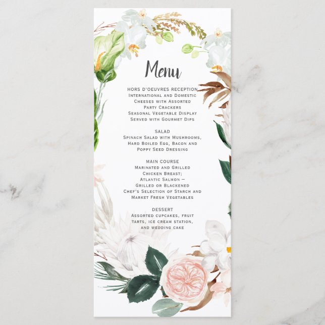 Lush Paradise White Blush Tropical Wreath Wedding Menu (Front)