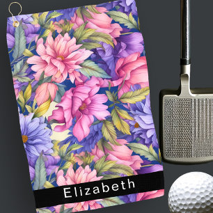 Lush Pink and Purple Flowers Personalised Golf Towel