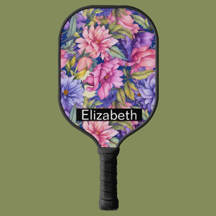 Lush Pink and Purple Flowers Personalised Pickleball Paddle
