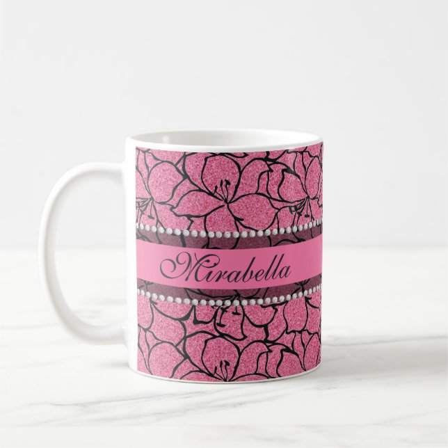 Lush Pink Lilies with black outline, pink glitter Coffee Mug (Left)