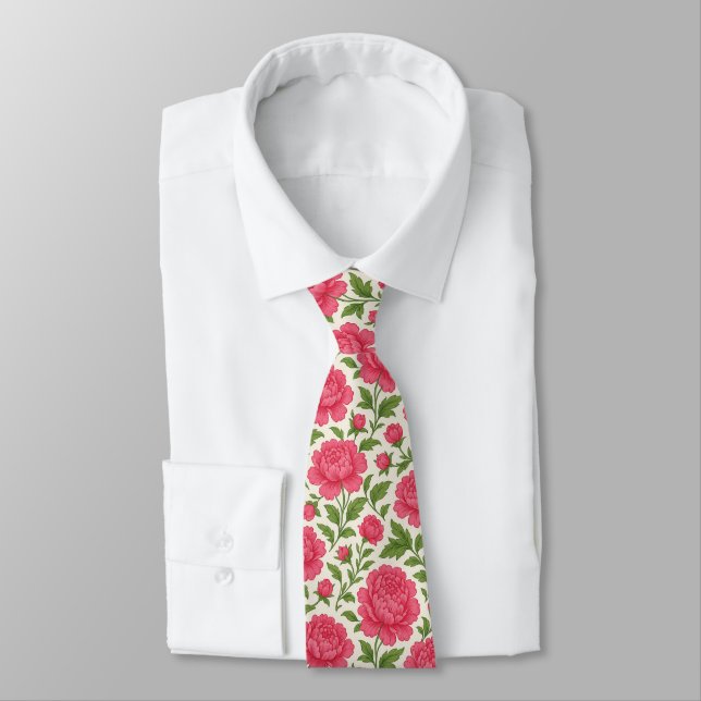Lush Pink Peonies Floral Tie (Tied)