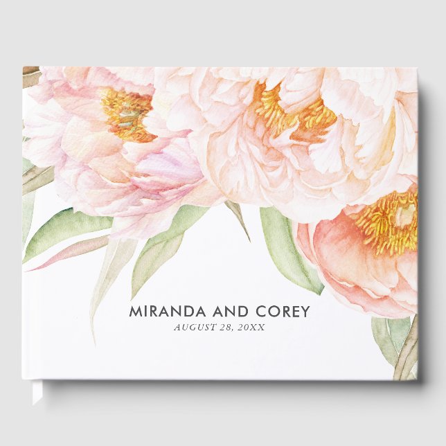 Lush Pink Peonies Watercolor Floral Guest Book (Front)