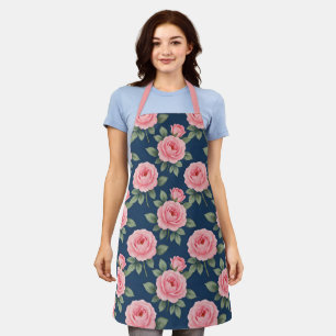 Lush pink roses botanical pattern apron