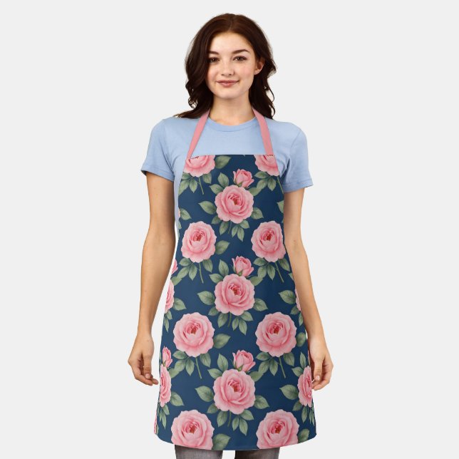 Lush pink roses botanical pattern apron (Worn)