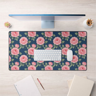Lush pink roses botanical pattern desk mat
