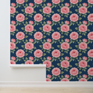 Lush pink roses botanical pattern wallpaper